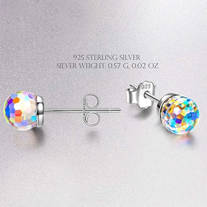 6mm 925 Sterling Silver Earrings Disco Ball Crystal Sparkling AB Crystal Colorful Aurora Stud Earrings For Women Girls