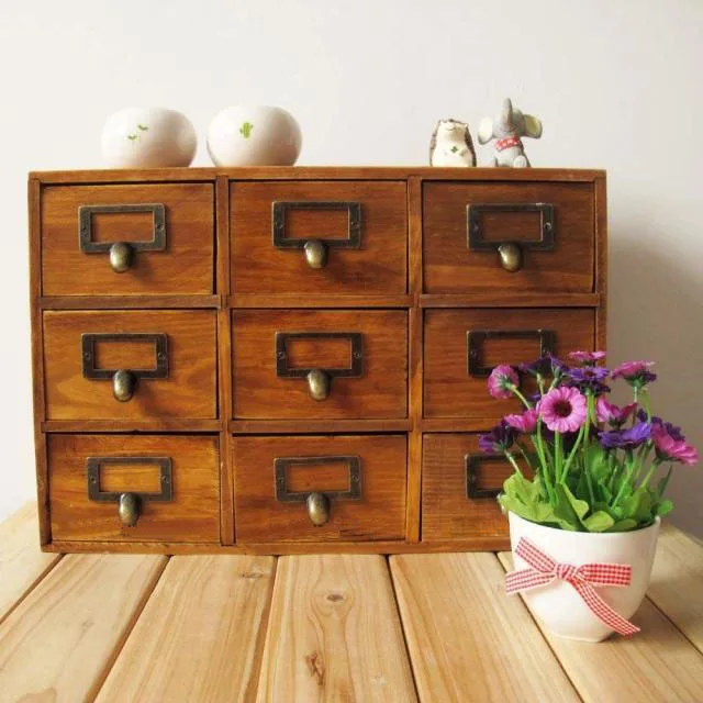 1PC 9 Drawer Storage Box Groceries Vintage Wooden Finishing Cabinet Desktop Wall Organizer Box 39x10x26cm  JL 075