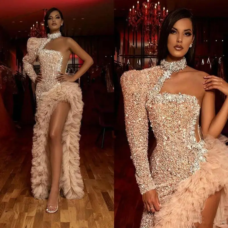 Mermaid Prom Dresses Een Schouder Lange Mouwen Hoge Split Lovertjes Avondjurken 2020 Floor Lengte Speciale Gelegenheid Jurk