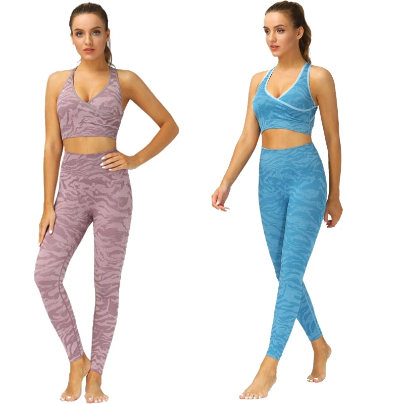 Women Gym Set Yoga Seamless Tiger Pattern Camouflage Tops/Pants Fitness Sports Bra High Waist leggings Fitness Suit Workout Suit