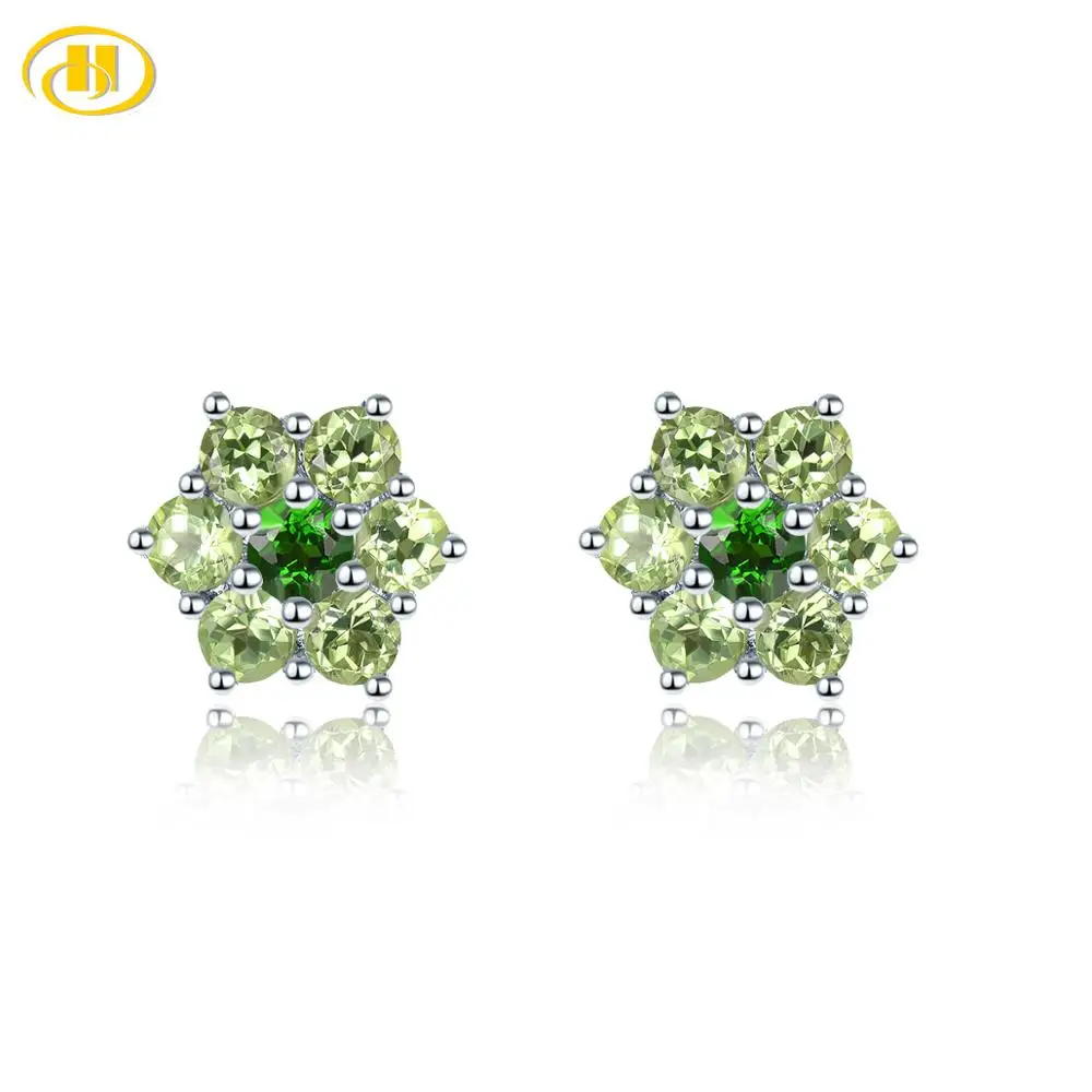 Hutang Earrings 925 Silver Jewelry Natural Peridot Diopside Green Stone Stud Earrings for Women, Elegant Classical Wedding Gift