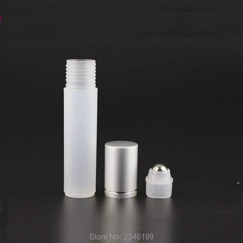 50pcs 10ML Roll on Bottle Silver Lid Steel Bead Ball Empty Perfume Cosmetic Packaging Matte Frost Plastic Roller Bottle