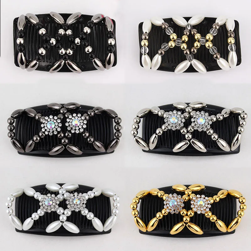 Beads Hair Combs Shiny Rhinestone Beaded Hair Claws Magic Tuck Comb Updo Accessories Elastic Headwear Bun Ponytail Holder DIY1PC