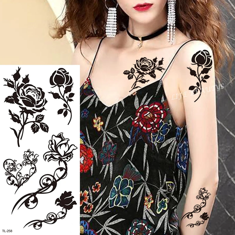 Beauty Colorful Flower Lotus Black Rose Waterproof Temporary Tattoo Body Art Arm Sleeve Water Transfer Fake Women Sticker