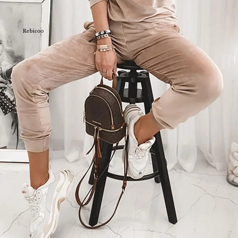 

2021 Fashion Women Solid Velvet Pants Spring Elegant High Waist Lady Long Pants Autumn Pocket Soft Trousers Sweatpant Streetwear