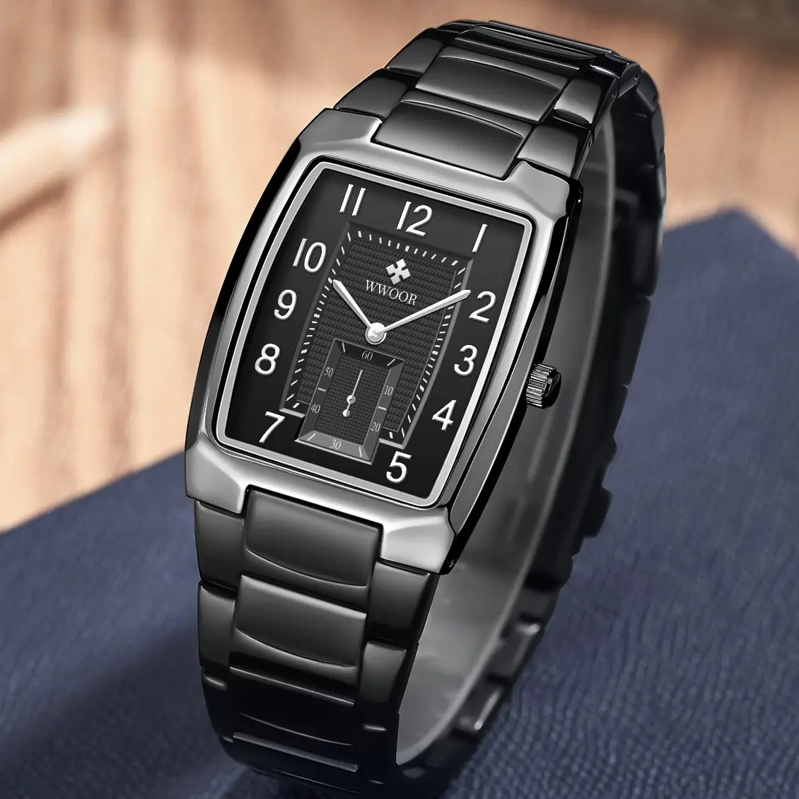 

WWOOR 2024 New Top Brand Men Black Watch Square Fashion Luxury Casual Quartz Business Waterproof Wrist Watches Relogio Masculino