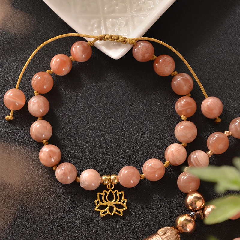 8mm Natural Sunstone Beads Knotted 108 Japamala Necklace Meditation Yoga Blessing Tibetan Rosary Jewelry Bracelet Set with Lotus