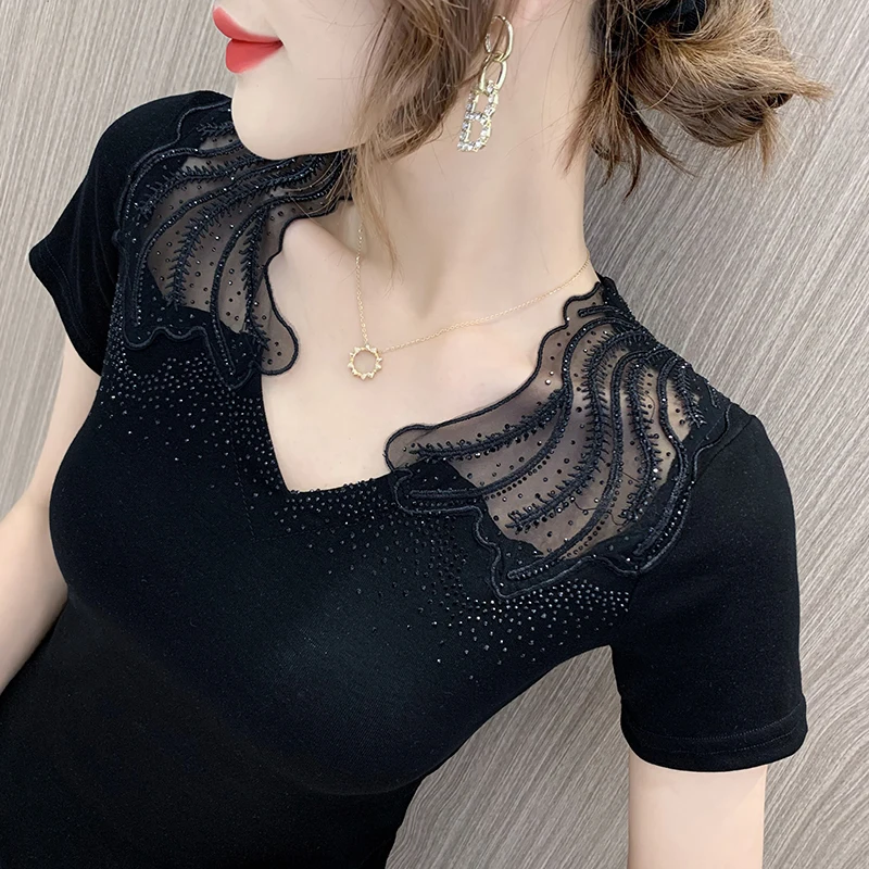 Summer European Style Cotton T-Shirt Chic Sexy V-Neck Shiny Diamonds Spliced Mesh Women Tops Short Sleeve All Match Tees T15206A