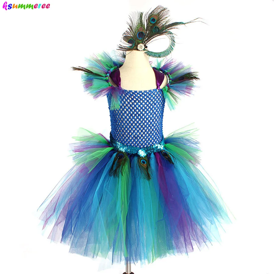 Couture Royal Peacock Girls Tutu Dress with Feather Clip Peacock Bird Carnival Fancy Dress for Kid Halloween Party Purim Costume