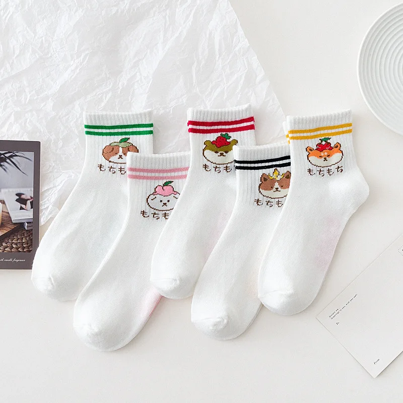 5 Pairs Pack Sports Casual Cotton Woman Socks Cartoon Cute Fruit Cat Printing Socks Japanese Fashion Letters Heart Kawaii Socks