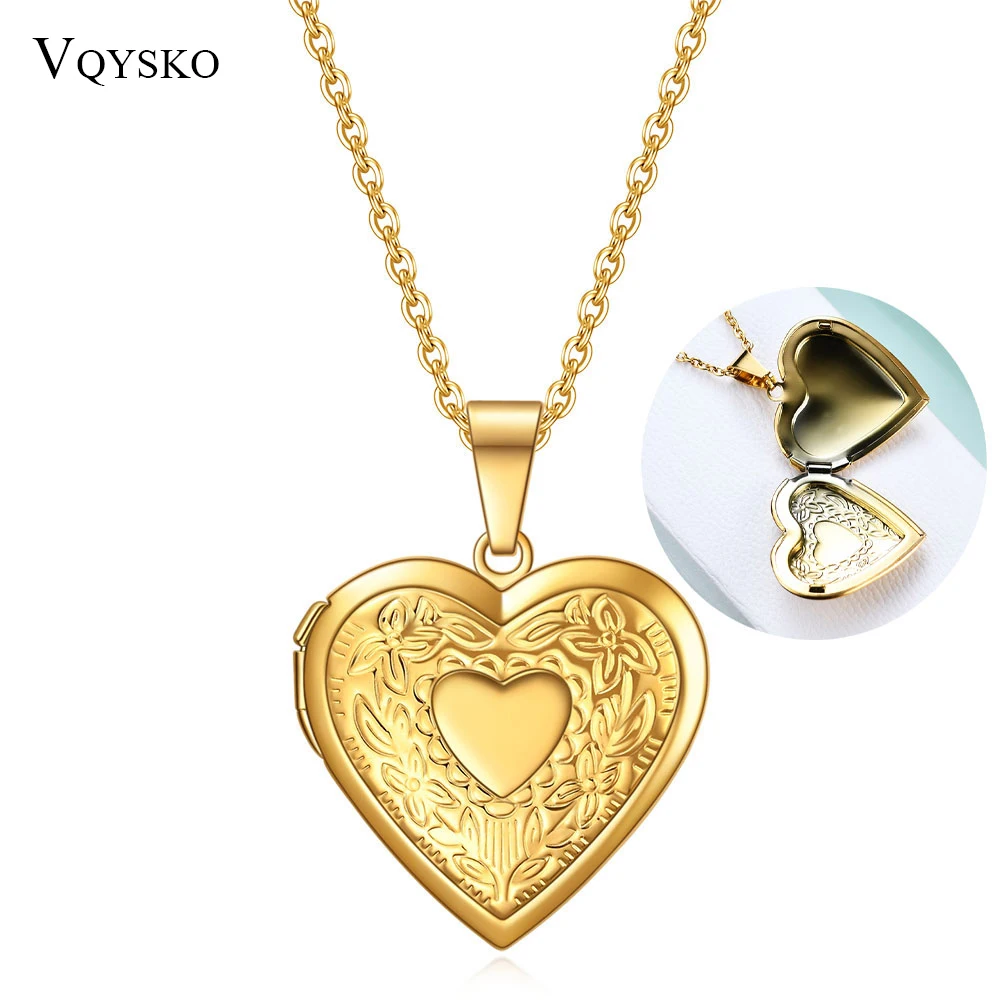 Fashion Heart Locket Pendant Necklaces for Women Openable Photo Frame Floral Stainless Steel Necklaces Family Love Collar