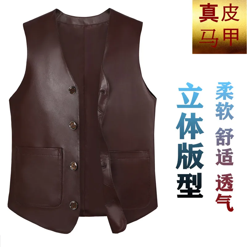 

Мужской жилет из овечьей кожи, жилет с V-образным вырезом, деловой кожаный жилет, весна-осень 2024