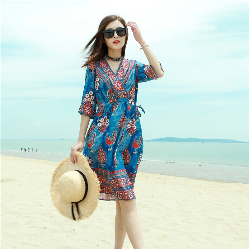 2022 Summer Ethnic Style thin Thai Chiffon Dress Women's Clothing Print Seaside Holiday Beach Dress Female  D1278