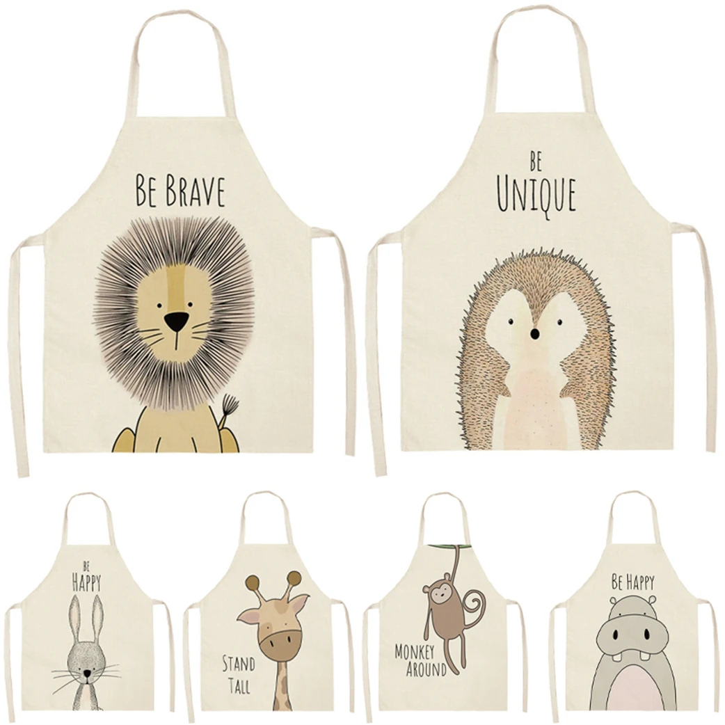 Cartoon Animal Style Cooking Apron For Children Home Sleeveless Cotton Linen Aprons Hedgehog Lion Pattern Custom Bib Room Aprons