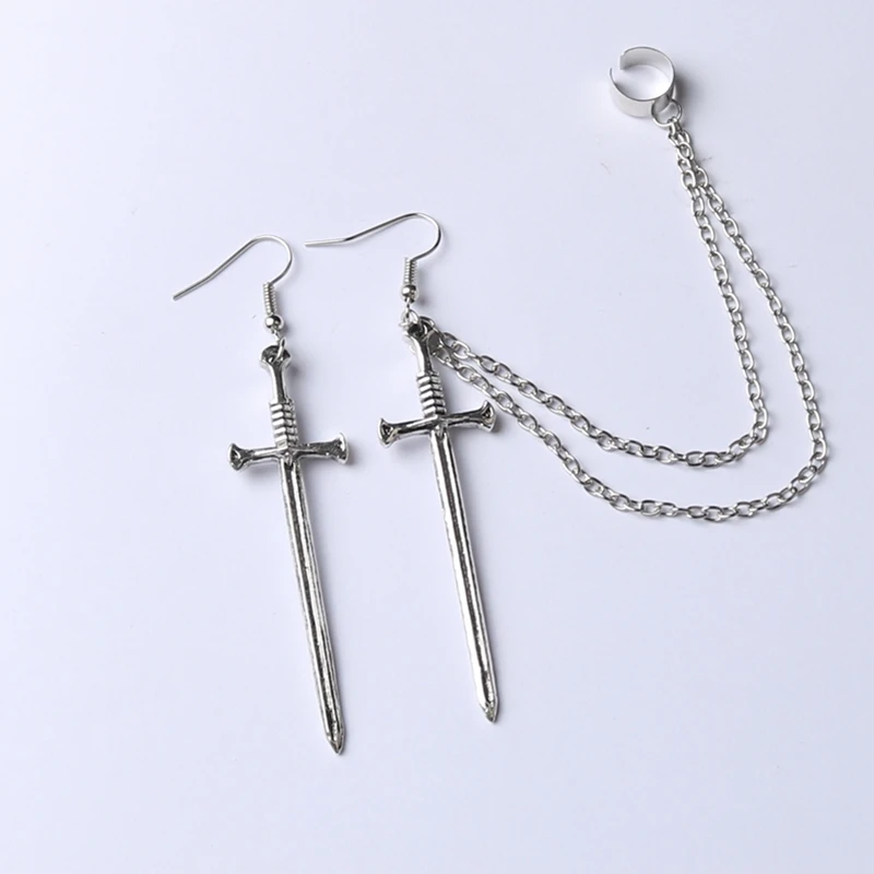 Sword Ear Cuff with Chains,dagger, Punk,gothic,cool, Sword Earring,silver plated, Gothic Jewelry,Vampire Earrings