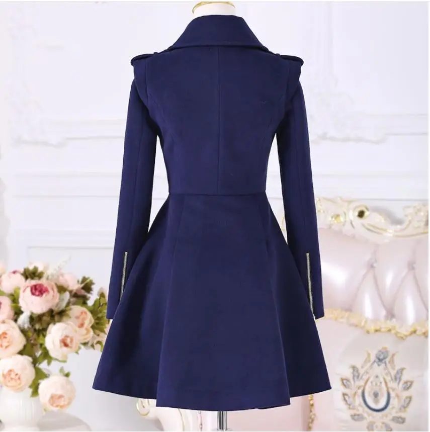 Autumn Winter Women Dark Blue Lady Coats Zipper Long-sleeved Woolen Coat Women\'s Mid-length Slim Winter Women