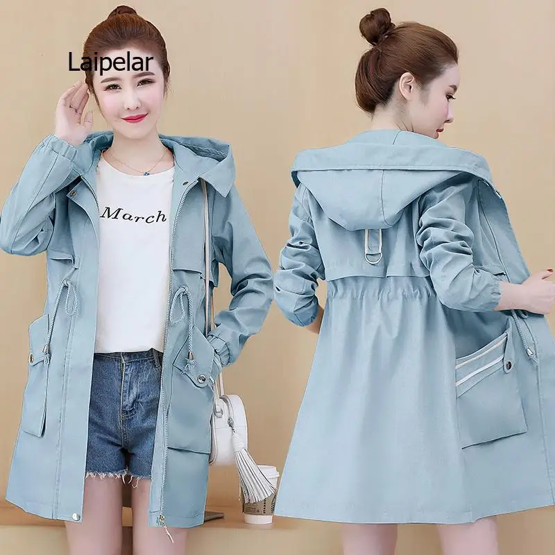 

Ladies Windbreaker With Lining Spring Autumn Hooded Long Women's Trench Coat Female Student Casual Overwear W54