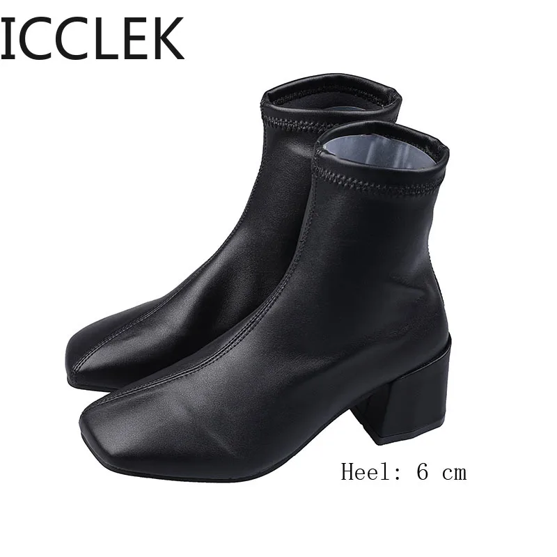 2020 Autumn New Women Boots Leather Sock Boots 6 CM High Heel Square Toe Fashion Lady Casual Pumps Boots Shoes