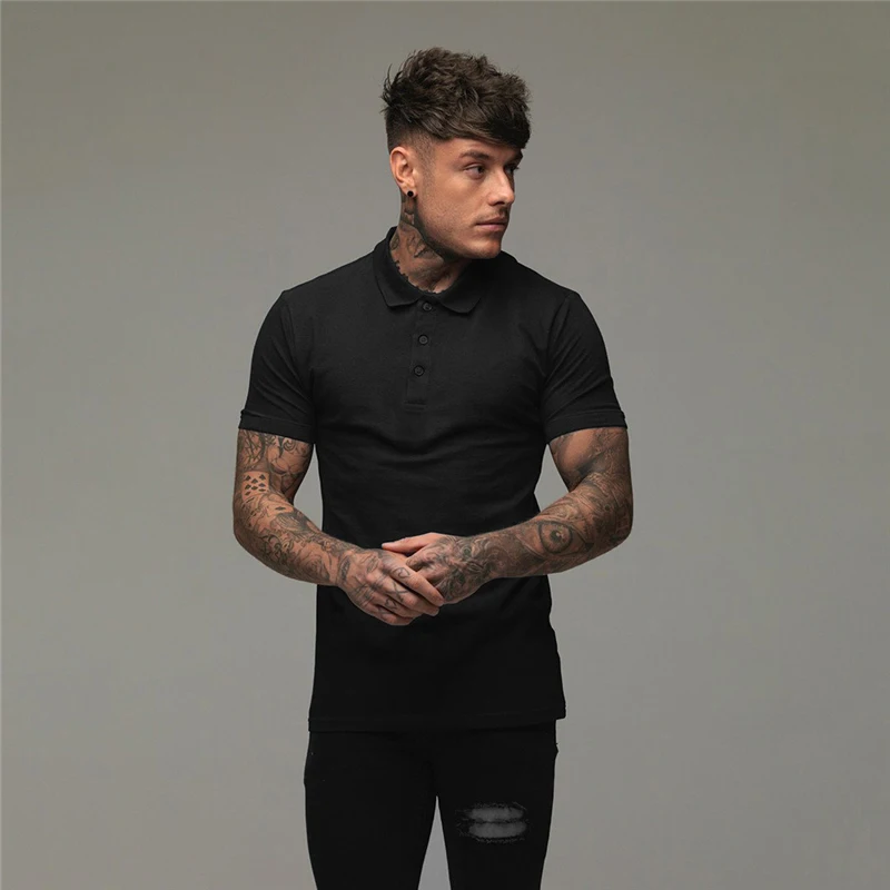 Polo-Shirts Slim-Fit Short Sleeve Leisure Casual Cotton Fashion Mens Brand Fitness Mens Summer Breathable Gym Sports Polo Shirt