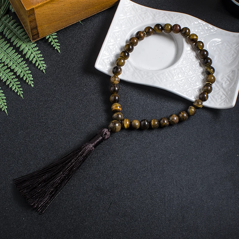 Islamic Muslim Tasbih 8mm Natural Yellow Tiger Eye Bracelet 33 Beads Tassel Rosary