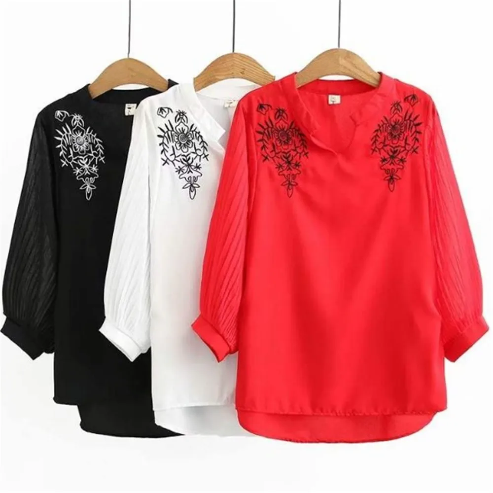 2021 Women Summer Summer Bress Large Size Women\'s Small Fat V-Neck Top Cover Delly Thin Western Style Embroidered Chiffon Shirt