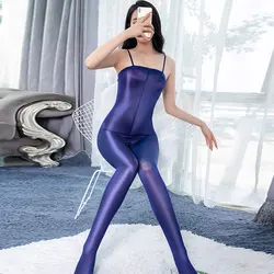 Sexy Two Way Zipper Open Crotch Shiny Bodysuit See Through Backless Jumpsuit Bandage Sexy Tights One Piece Thong Candy Color F33