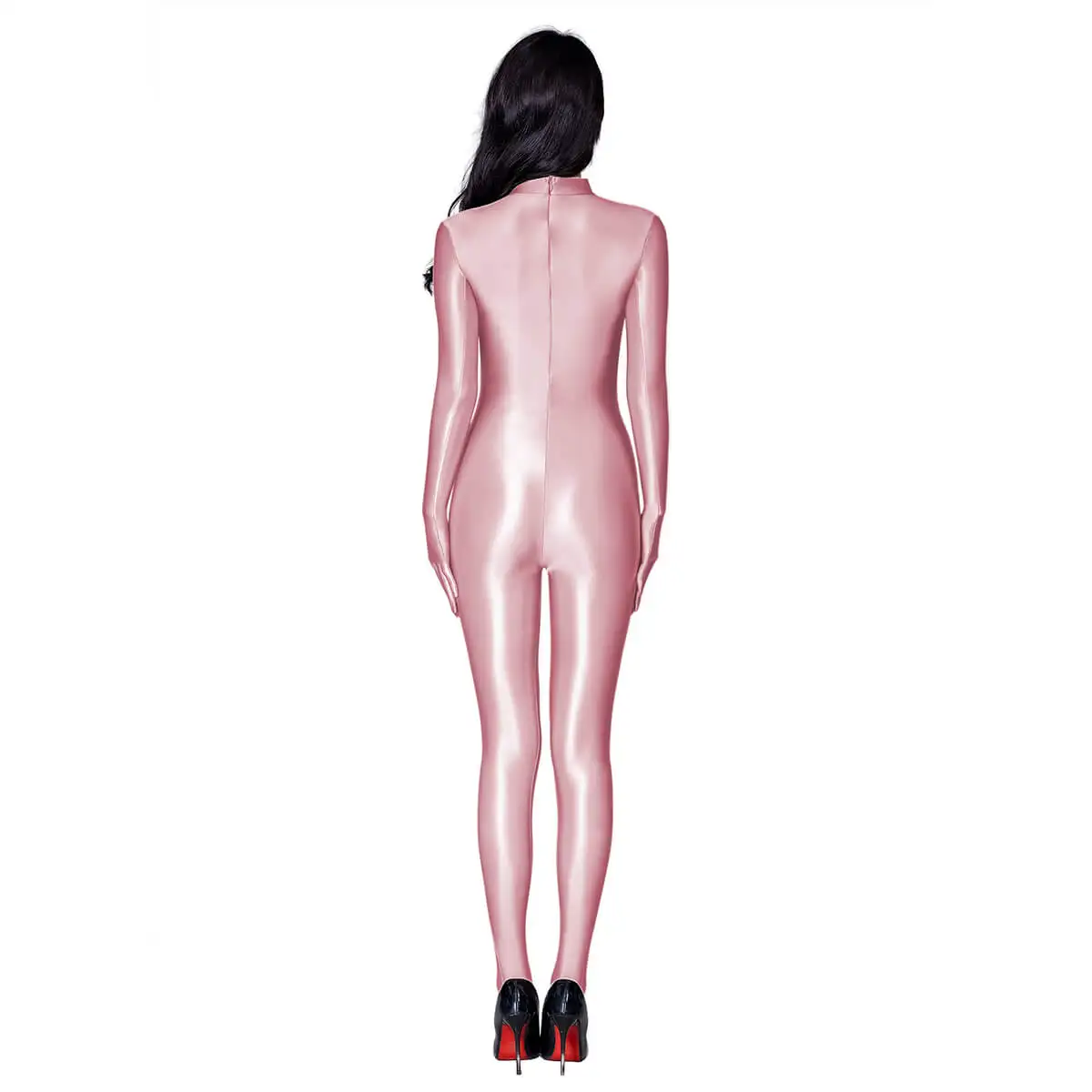 Metelam Unisex Glossy One-piece Wet-look Satin Long Sleeve Footed Catsuit  Turtleneck Zipper Back Leotard  with Finger Gloves