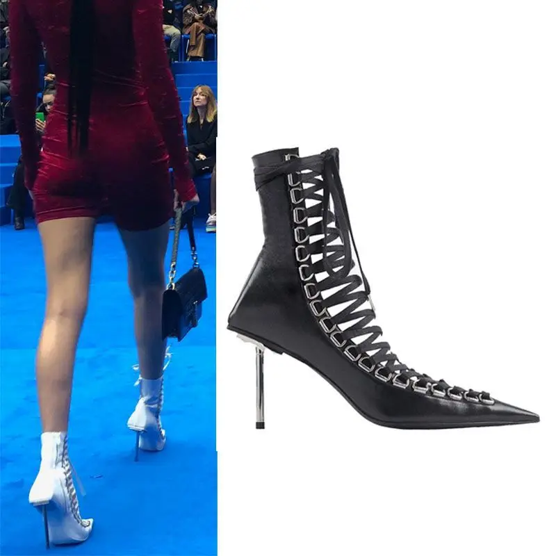 Drążą sandały buty kobiety Pointed Toe botki kobiety metalowe wysokie obcasy kobiety Party buty kobiety moda botas de mujer