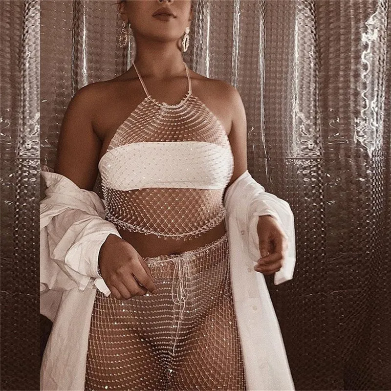 Summer New O Neck Solid Sleeveless Tank Tops Bling Rhinestone Crystal Fishnet Grid Sexy See Through Adjustable Bandage Crop Top