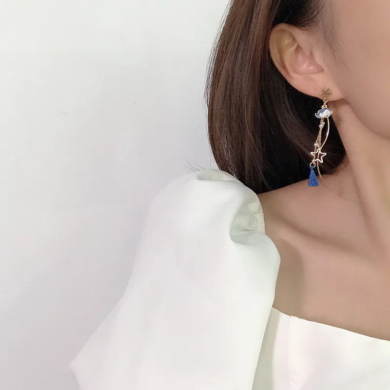 Chinese Style Folding Fan Crane Carp Lotus Asymmetrical Long Tassel Dangle National Style Earrings for Women Jewelry Gift