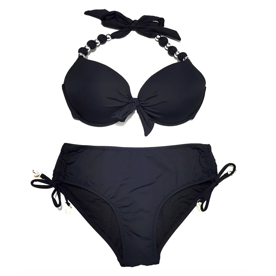 EONAR-Push Up Bikini Sets, Shoulder Strap, Beads Swimsuit, Mid Waist Bikini Sets, Full Coverage Bathing Suits, Swimwear