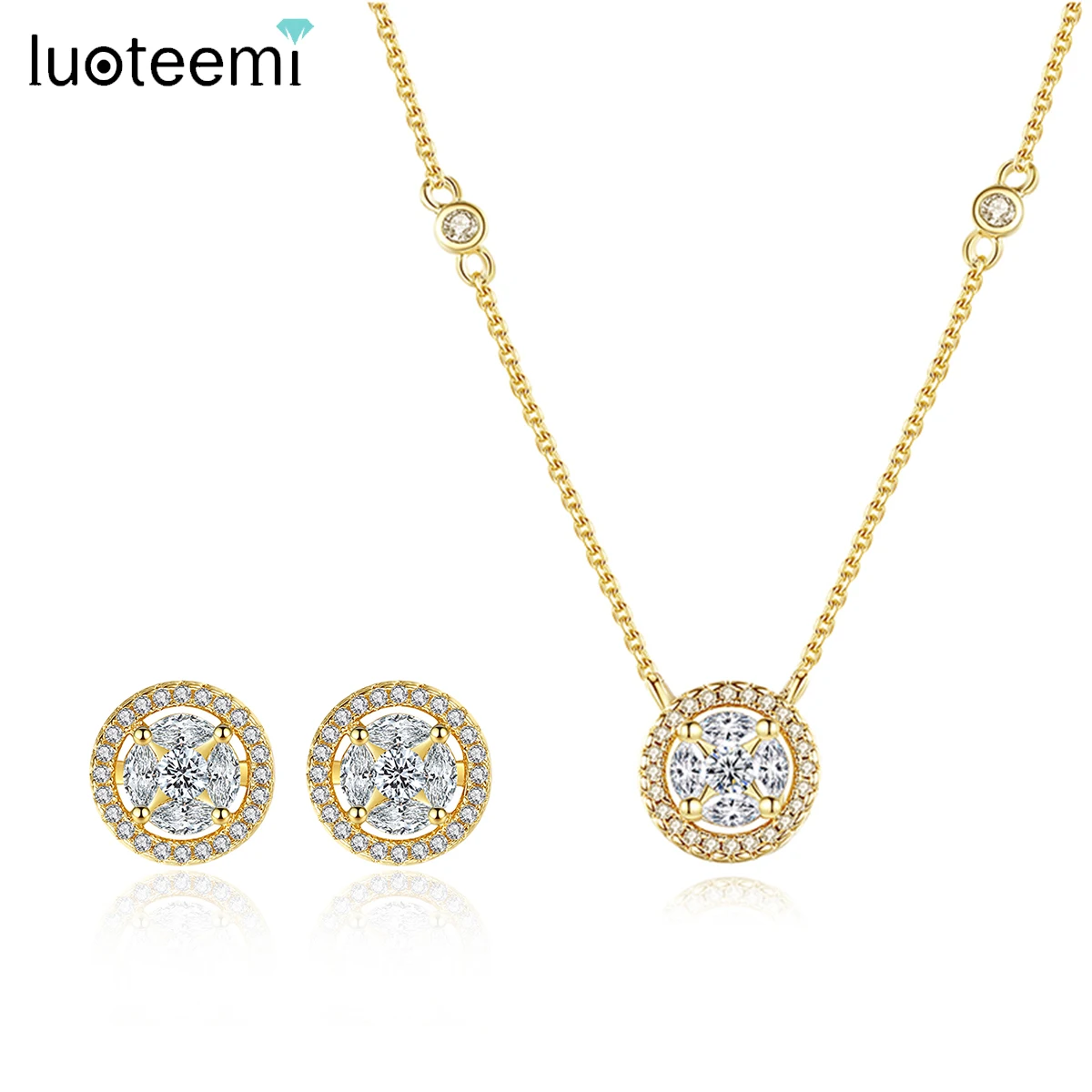 LUOTEEMI Gold Color CZ Stud Round Stone Jewelry Set for Women Necklace and Earring Bridal Wedding Jewelry Christmas Friend Gift