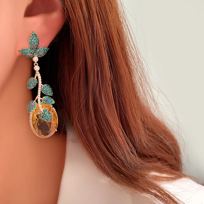 Bilincolor Fashion Golden Leaf and Pink Cubic Zircon Vintage Luxury Drop Earring for Women Wedding Jewelry