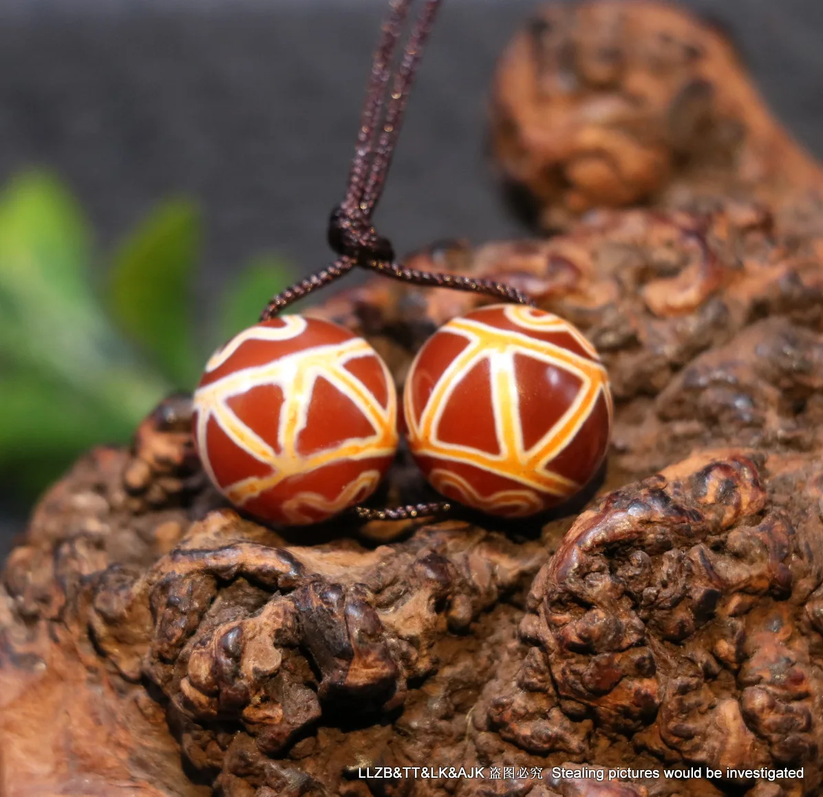 

A Pair Magic Energy Tibetan Old Red Agate Flower Water Wave Round dZi Bead Totem Timestown UPD210607A51