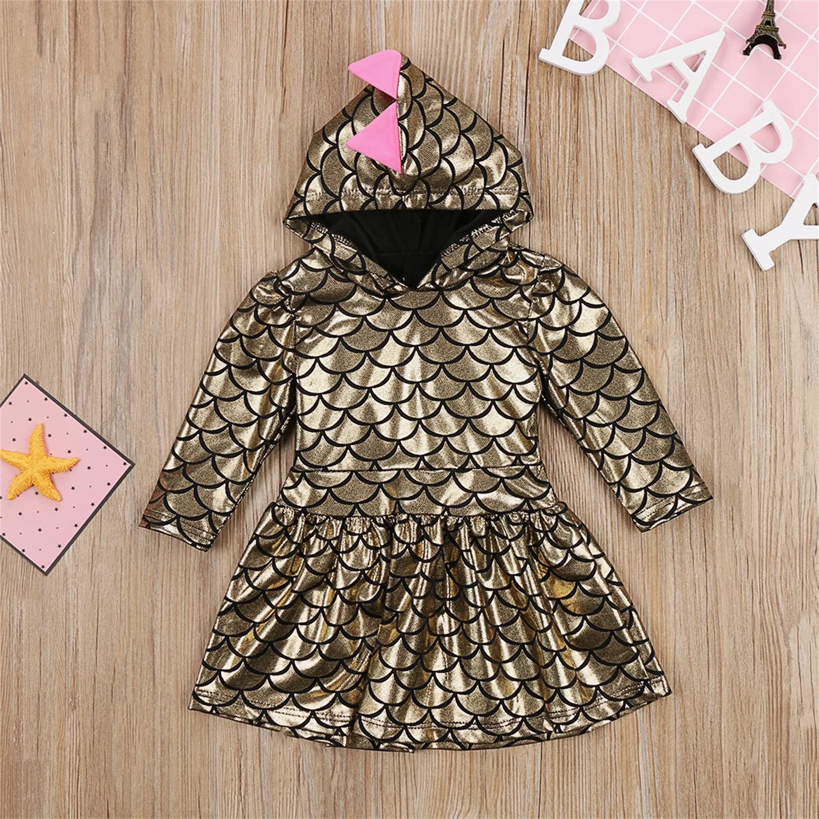 Baby Girls Dinosaur Princess Dress Children Fashion Gold Long Sleeve Party Dress With Hat Fish Scale Sequin Costume 1-5 Years