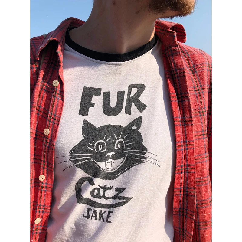 Hillbilly Fur Catz Sake Funny Unisex Ringer Tshirt Loose Modal Cotton Soft Graphic Tees Short Sleeve Summer Aesthetic Shirt