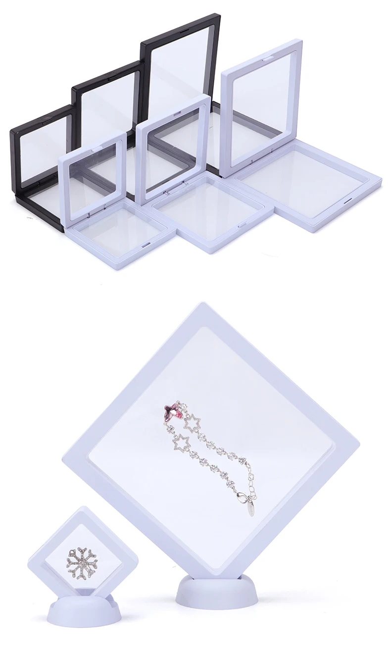 PE Film Jewelry Storage Box 3D Packaging Case Gemstone Free Stand Floating Frame Membrane Ring Earrings Necklace Display Holder
