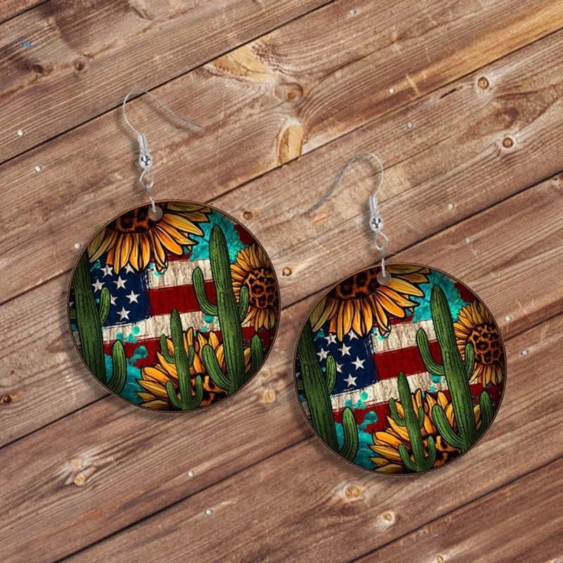 2021 Independence Day New European and American Retro Sunflower Cactus Double-sided Pattern Wooden Earrings Distressed Jewelry