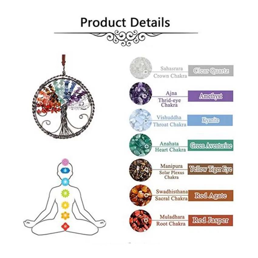 KFT 100mm Natural Chakra Stone Hanging Ornament Reiki Healing Crystal Tree of Life Wall Car Hanging Window Ornament Decoration