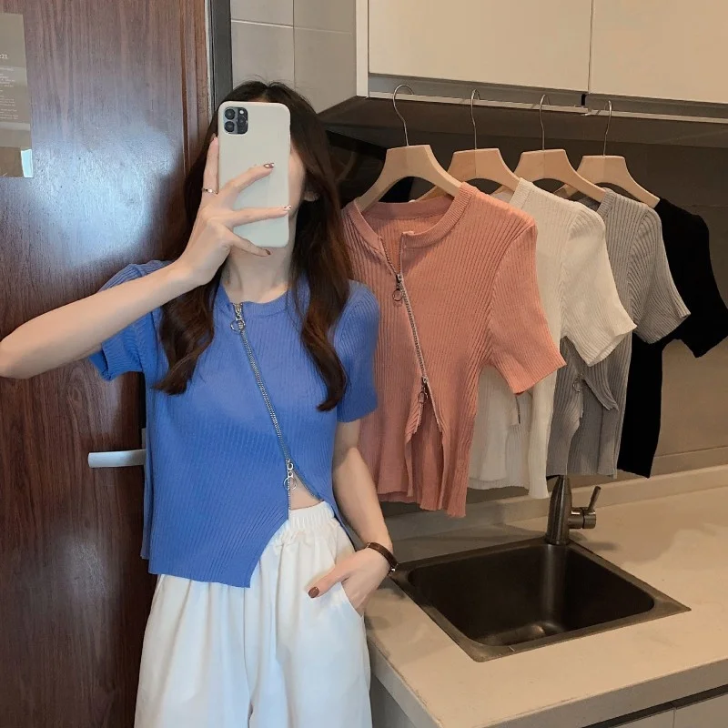 

Knitted Women T Shirt Summer Short Sleeve Slim Fit Zipper Asymmetrical Tees Tops Solid Color O Neck Casual Female Sexy T Shirts