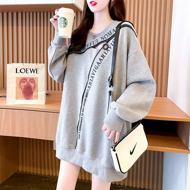 Womens Pullover Mid-length Printed Letter Sweatshirt Autumn 2024 Design Loose Hollowed Oversized Long Sleeve T Shirt Women Tops