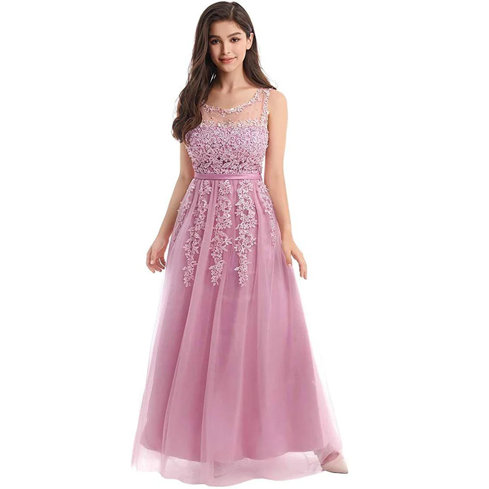 Ladies Elegant Lace Up Applique Floral Evening Long Dress A-line Party Gown Festive Formal Gowns Sleeveless