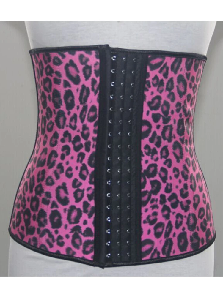 Women Latex Pink Leopard  Rubber Waist Trainer Cincher Underbust Corset Sexy Style