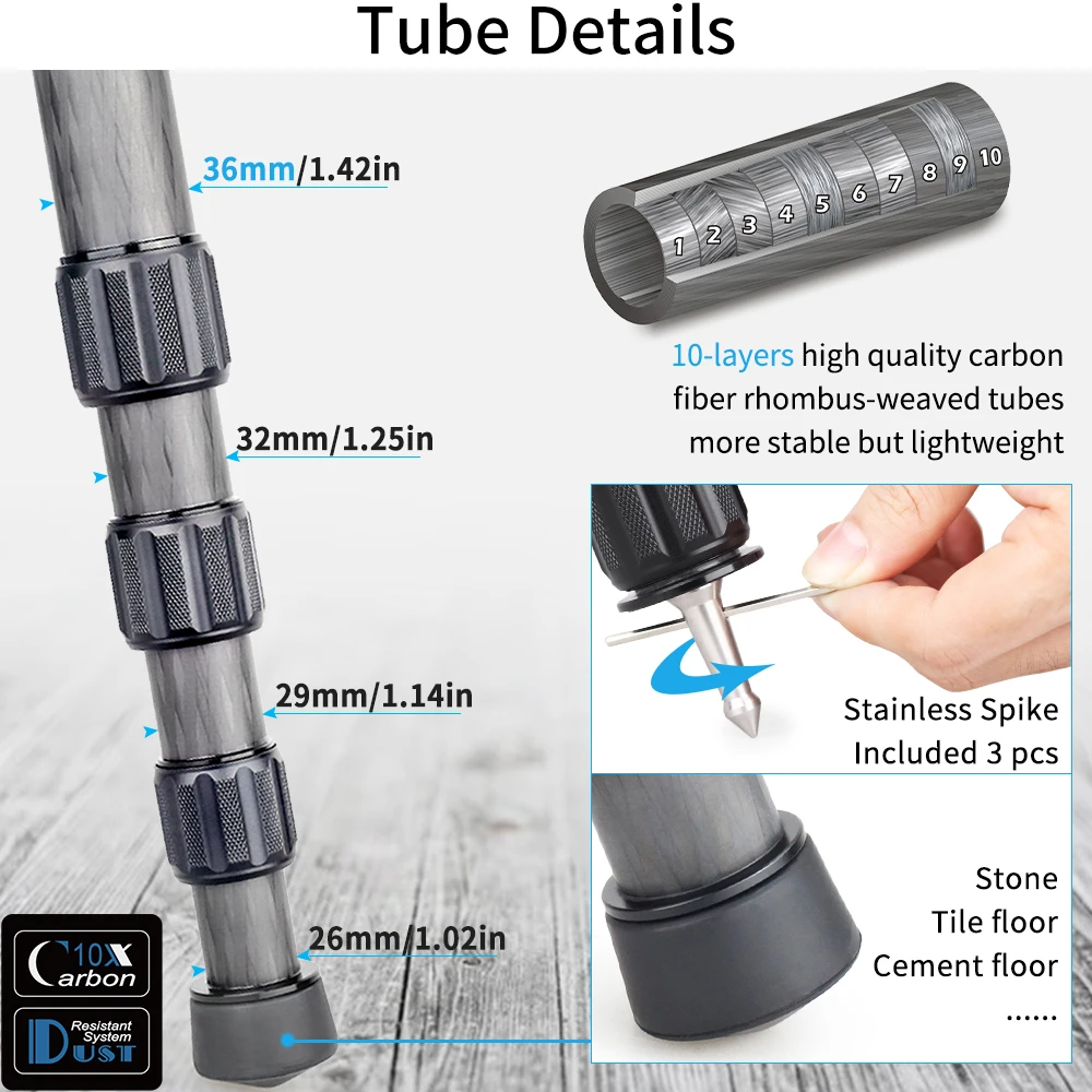 LT364CM Camouflage Carbon Fiber Top-Level Professional Tripod for DSLR Camera Heavy Duty Stand Ultra Stable 36mm Tube 35kg Load