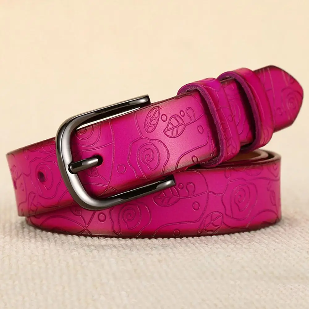 Fashion Design Floral Pattern Rose Red Genuine Leather Female Belt Women's Pin Buckle Metal Belts 28mm Wide