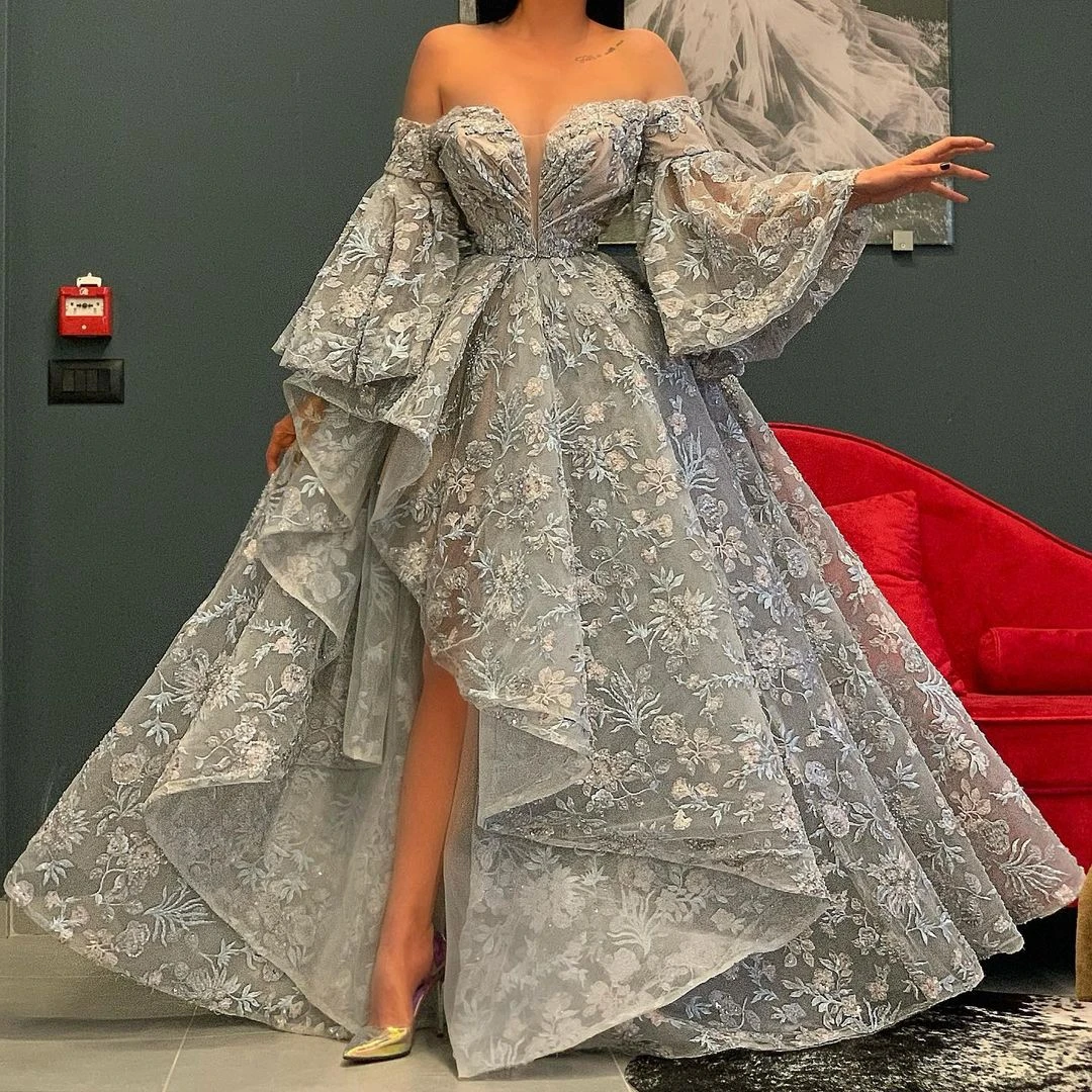 Robe de bal grise en dentelle, sans bretelles, manches bouffantes, fente latérale, à volants, robes d'occasion arabes, 2021