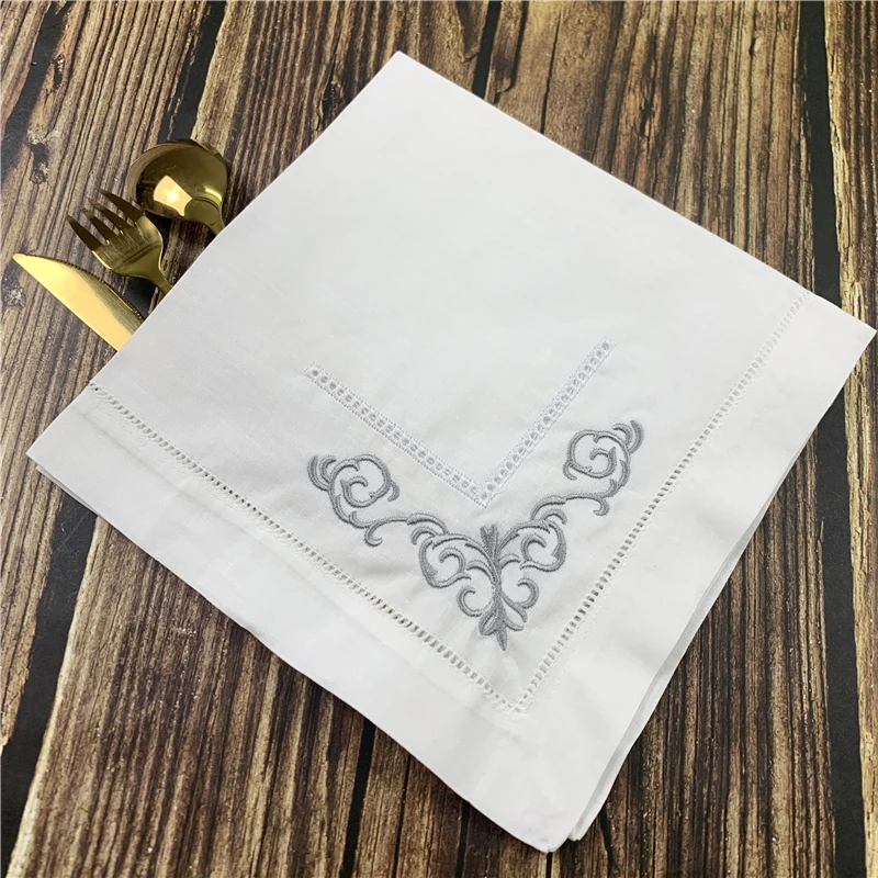 Set of 12 Dinner  Napkins white Hemstitched linen Table Napkin Color Embroidered 20x20-inch