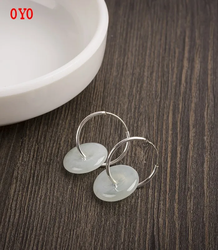 

Real s925 sterling silver natural jade donut earrings