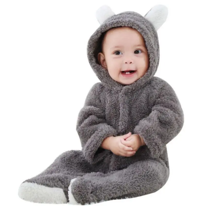 Winter Baby Boys Girls Rompers Newborn Coral Fleece Cartoon Overalls Infant Solid Color Jumpsuit Cute Animal Warm Autumn Costume