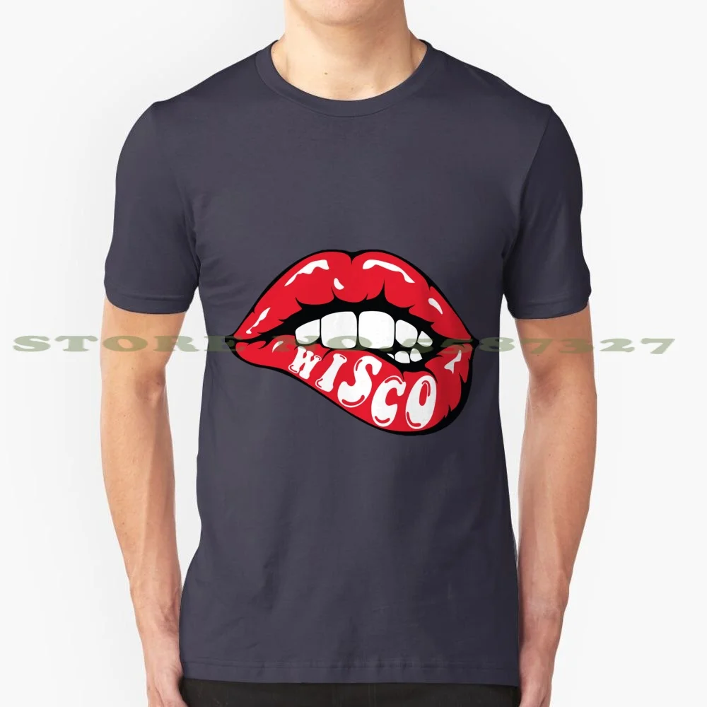 Wisco Lips 100% Cotton T-Shirt Wisconsin State Usa College University Uwm Green Bay Appleton Oshkosh Bucky Of Badgers Madison